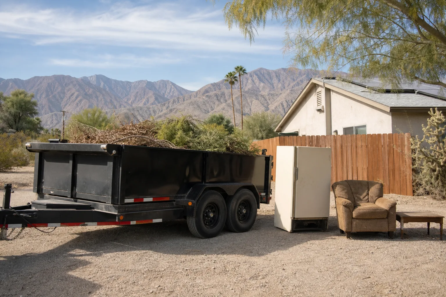 A dump trailer with green waste beside an appliance and bulky furniture