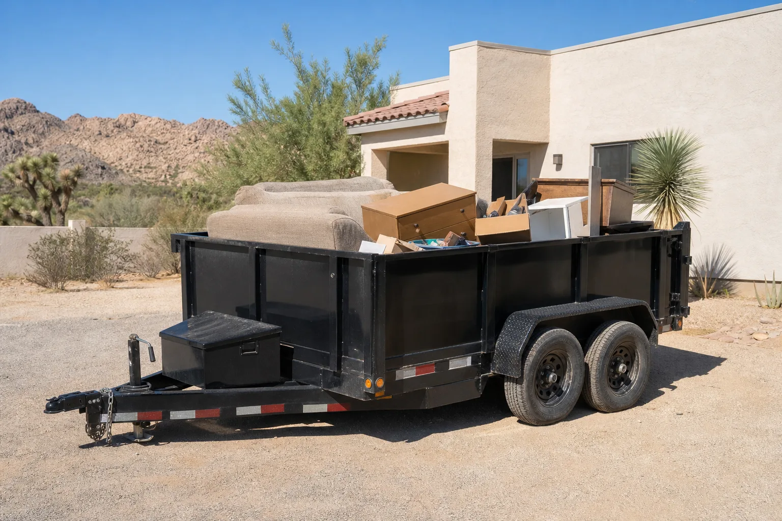 A dump trailer loaded with household furniture at a High Desert home